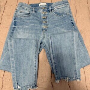 Destructed Button Front High Rise Skinny Jeans in Light Wash